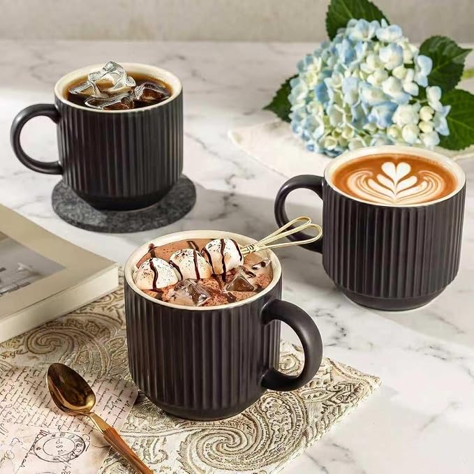 HASENSE Coffee Mug Ceramic Set of 4 with Stand, Stackable Large Latte Cups with Metal Stand, Dishwasher & Microwave Safe, Black for Cappuccino Tea Hot Cocoa - Image 5