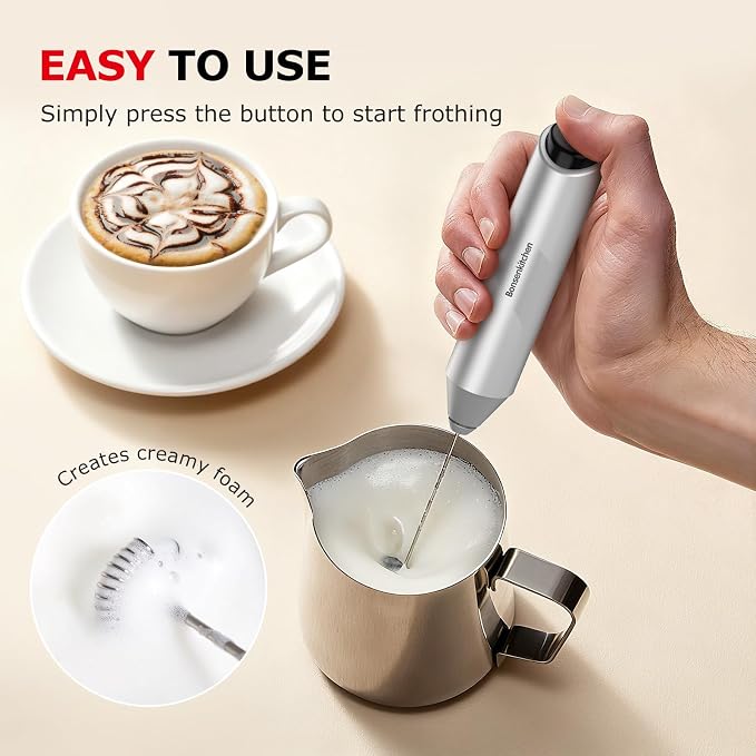 Bonsenkitchen Milk Frother with Stand for Coffee, Battery Operated Frother | Fast Handheld Drink Mixer with Stainless Steel Whisk, Powerful Hand Frother, Creates Rich Foam, Silver - Image 4