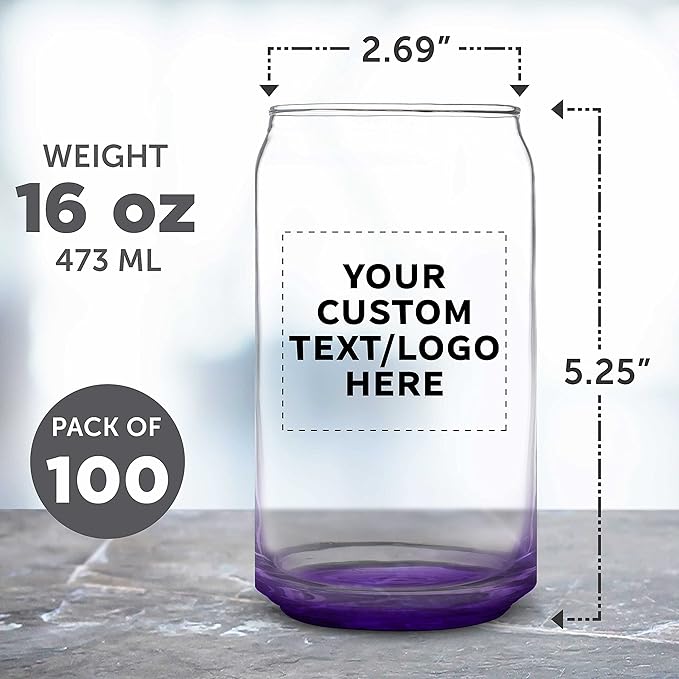 Custom Beer Can Glasses Set of 100, 16 oz. Pint Sized, Promotional Text, Logo, Soda Can Shape, Glassware, Purple