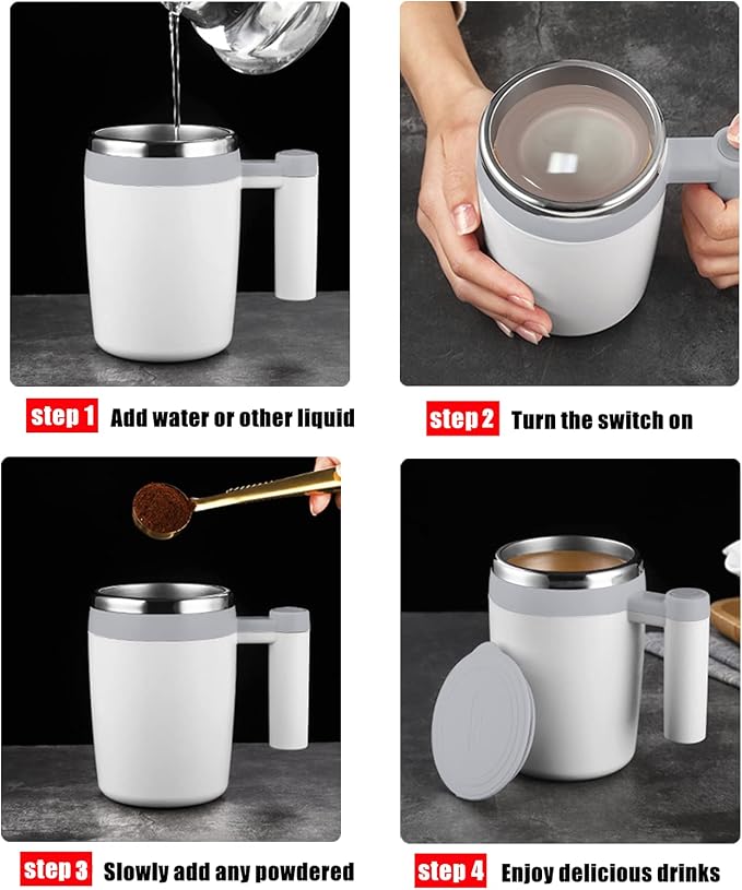 Self Stirring Mug,Rechargeable Auto Magnetic Coffee Mug with 2Pc Stir Bar,Waterproof Automatic Mixing Cup for Milk/Cocoa at Office/Kitchen/Travel 14oz Best Gift - White - Image 7