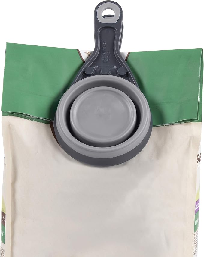Dexas Pets Collapsible KlipScoop Collapsible Dry Dog Food Scoop and Dog Food Bag Clip, 1 Cup Capacity, Light Gray (PW660432429)