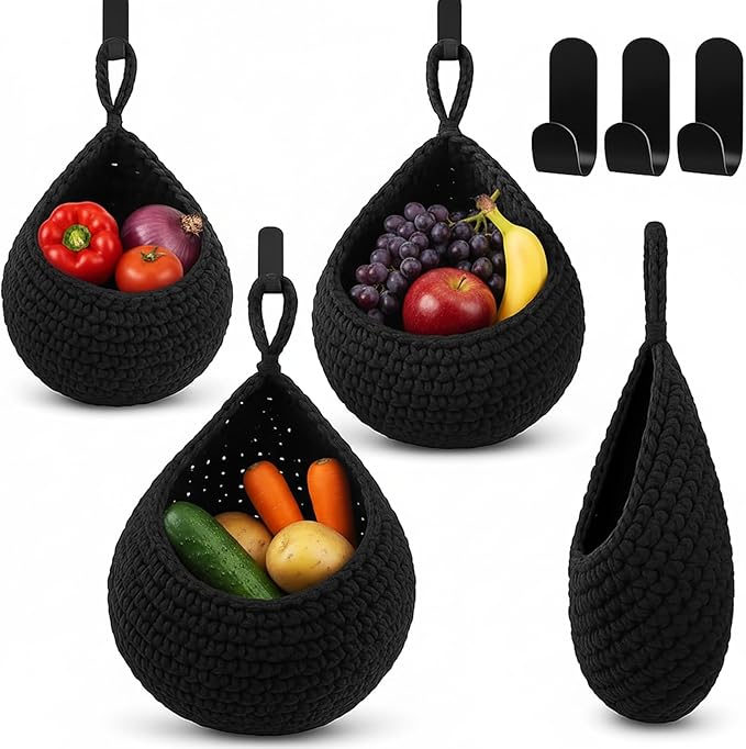 Honeydak Boho Decor Hanging Wall Baskets for Kitchen 3 Pack Teardrop Baskets with Hooks Storage Fruit Onion Vegetable Potato for Home 3 Sizes(Black,Teardrop,Cotton Rope) by Honeydak