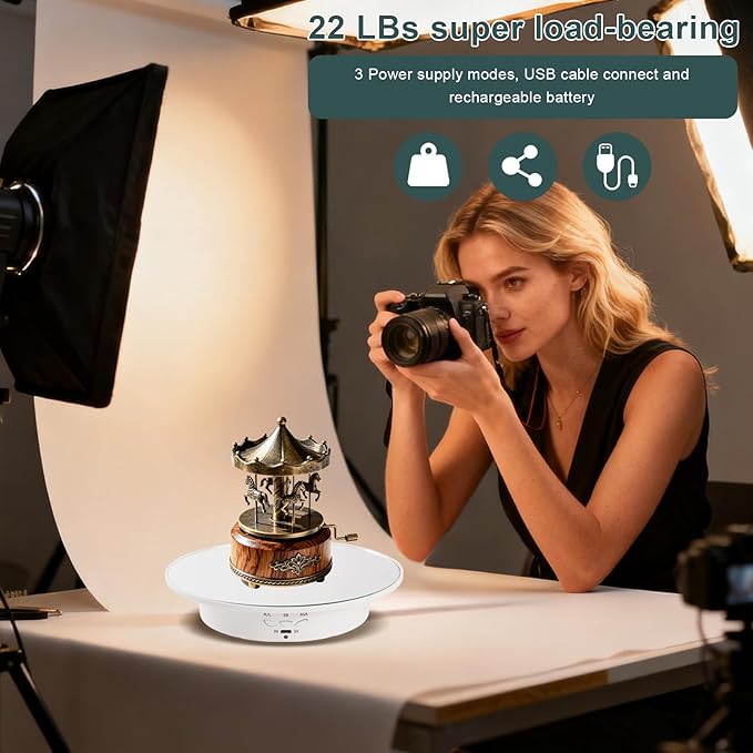 7.87'' Rotating Display Stand Motorized Rotating Display Stand, 22 lbs Load Electric Platform with Remote, Electronic Turntable with USB for Jewelry Photography 3D Model Cake, White