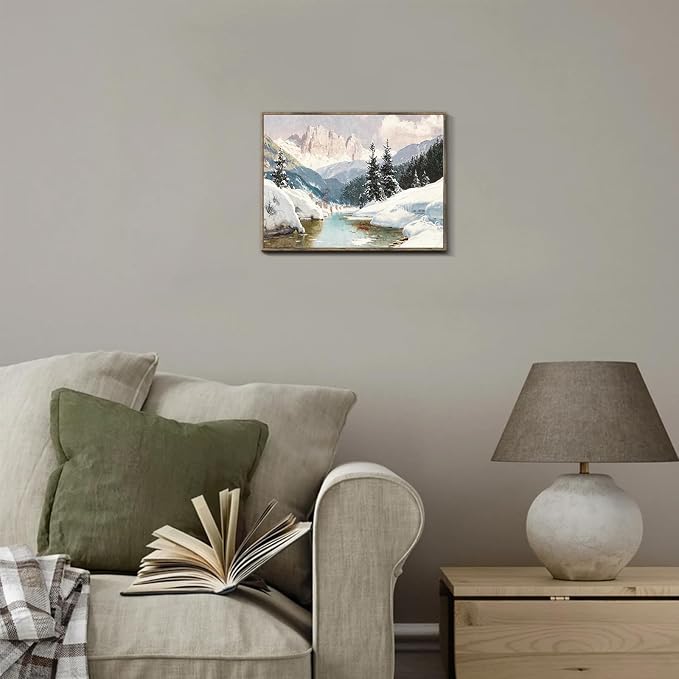 XOCUUI Vintage Unframed Canvas Wall Art, Snow Stream River Tree Cloud Winter Christmas Wall Art, Farmhouse Landscape Art Hanging Paintings for Living Room Bathroom Bedroom,11x14in - Image 4