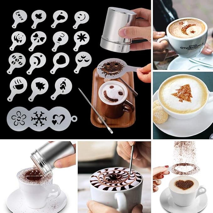 Milk Frother Handheld Coffee Art Set, Electric Coffee Frother with Milk Frother Pitcher, Powder Cocoa Shaker, Coffees Stencils, Coffees Spoons, Latte Art Pen