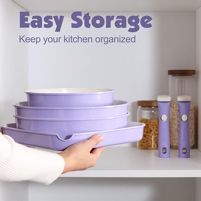 SENSARTE 17 Piece Ceramic Detachable Handle Pots and Pans Set Purple | Ceramic Cookware Set, Induction Cookware Set with Removable Handle, Healthy Non Stick for RV, Dishwasher ＆ Oven Safe - Image 3