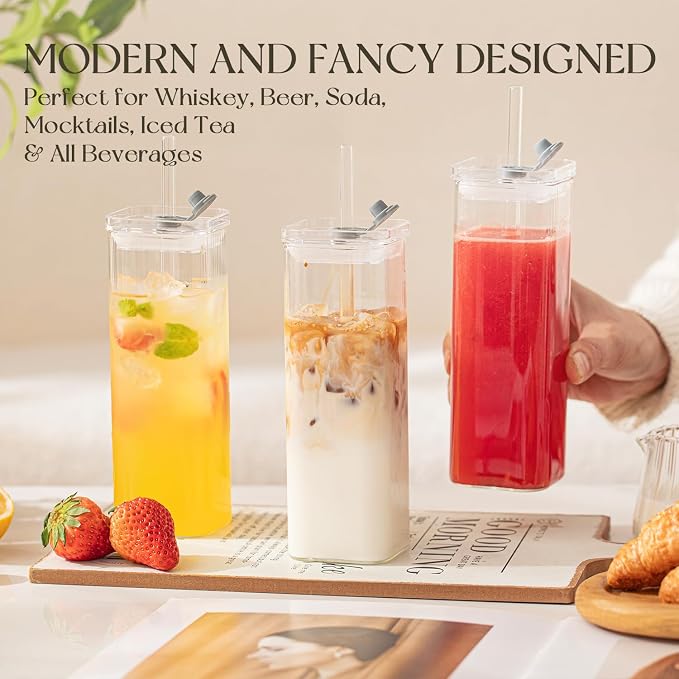 6 Sets Square Drinking Glass Cups, Old Fashioned Glasses, 17 Oz Square Glasses, Clear Highball Modern Glassware Tumbler Mixed Drinkware with Straws for Cocktail Coffee Juice Beer (Square-6PCS) - Image 2
