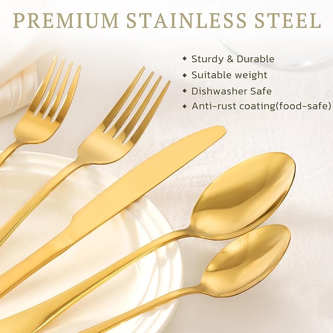 Astercook Silverware Set 48-Piece Gold Flatware Set with Steak Knives Food-Grade Stainless Steel Cutlery Set for 8 Mirror Polished Utensils Set Include Spoons and Forks for Home Kitchen Restaurant - Image 4