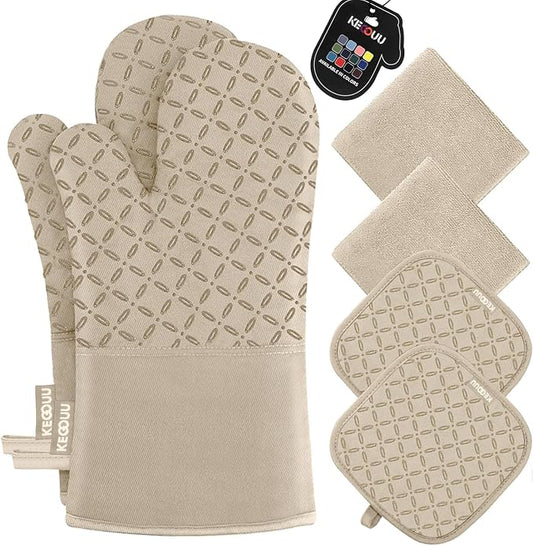 KEGOUU Oven Mitts and Pot Holders 6pcs Set, Kitchen Oven Glove High Heat Resistant 500 Degree Extra Long Oven Mitts and Potholder with Non-Slip Silicone Surface for Cooking (Almond) by KEGOUUOvenMitt