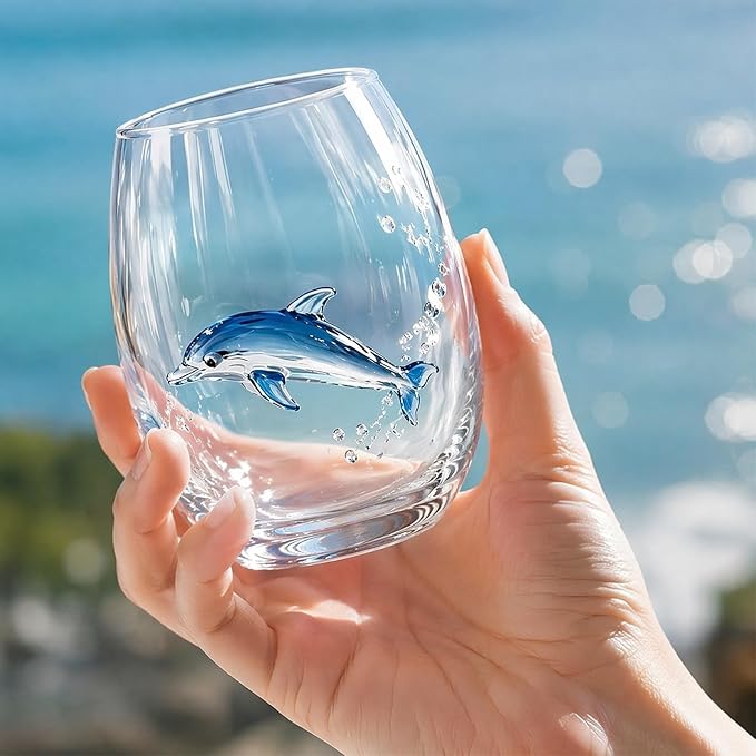 Ocean Themed Dolphin Hand-Blown Coastal Glassware | Ocean Themed Octopus Glassware Hand Blown Coastal Stemless Wine Glasses - Unique Coastal Decor Gift for Ocean Lovers - Image 5