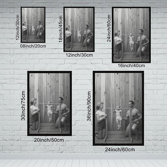 UXCBIA Baby Doing Pull-ups, Bodybuilder Family Black And White Retro Poster Canvas Poster Bedroom Decor Sports Landscape Office Room Decor Gift Black Frame 12x18in(30x45cm) - Image 2