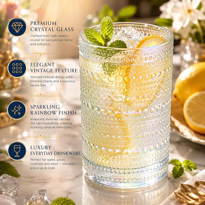Hobnail Beaded Highball Drinking Tumbler Glasses | Set of 6 | Iridescent Pearl Vintage Bubble Design Glassware, Old-Fashioned, Embossed Design, Water, Wine, Cocktail Embossed Heavy Glass, Rocks Glass - Image 6
