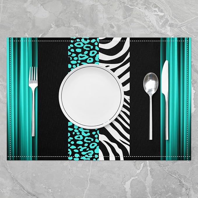 Feelyou Kids Leopard Zebra Placemats Set of 4 18"x12" Ombre Teal Black Table Place Mats, Set for Decor Cheetah Placemat for Kitchen Dining Table Decor Indoor Outdoor Animal Print - Image 2
