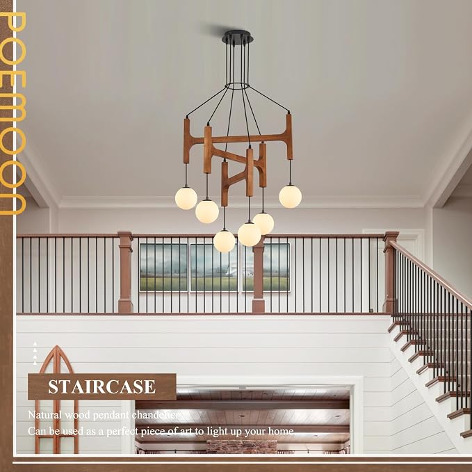 Farmhouse L28 '' Wooden Chandeliers with Milk Glass Globes Lampshades, Rustic Unique Mid Century Long 6-Light Pendant Chandelier for Living Dining Room Entryway Bedroom Kitchen,G9,Wood Stained Walnut - Image 9