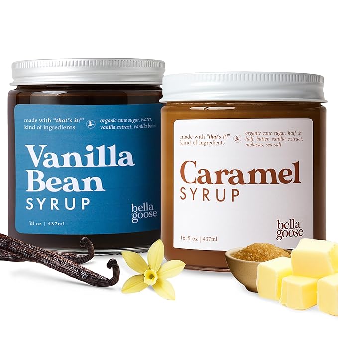 Bella Goose Gourmet Coffee Syrup Set – Vanilla Bean & Salted Caramel (16oz Each) | Handcrafted Pure Cane Sugar Syrups for Lattes & Desserts