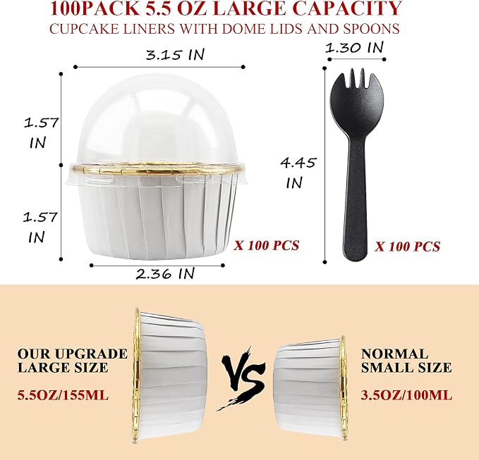 LNYZQUS 5.5 Oz Foil Cupcake Tins Baking Cups, Disposable Ramekins Muffin Tins, Large Cupcake Cups with Spoons-White in Gold - Image 3