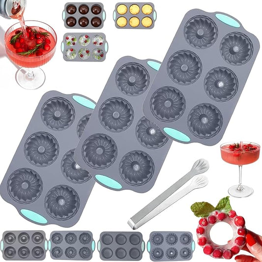 Wreath Ice Mold, Christmas Ice Cube Molds, Silicone Wreath Ice Cubes Tray, 6 Hole Silicone DIY Mold Suitable, Flexible Silicones Easy Release, for Holiday Cocktails/Chocolate/Desserts (A*3)