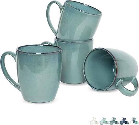 Bosmarlin Ceramic Coffee Mug Set of 4, 17 Oz, Coffee Cups with Big Handle, Microwave Safe, Unique Reactive Glaze (Lake Green, 17 Oz) by Bosmarlin