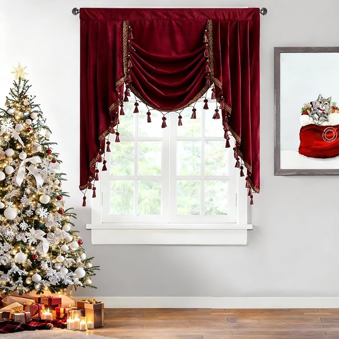 Christmas Red Waterfall Velvet Curtain Valances W39 inches, 1 Panel | Luxury Soft Waterfall Valance Decor for Theater, Rod Pocket Room Darkening Window Drapes for Bedroom, Holiday by StangH