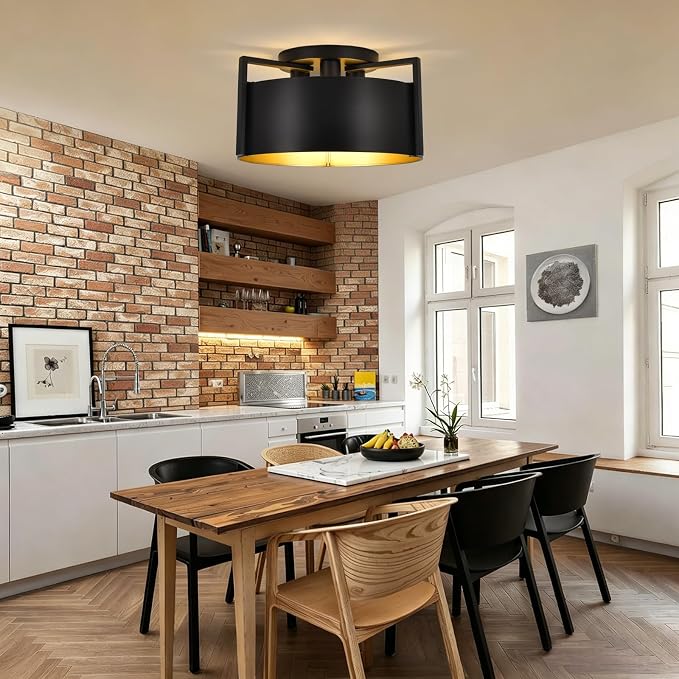 Black Semi Flush Mount Ceiling Light, 15'' Modern Farmhouse Hallway Entryway Light Fixtures Ceiling Mount, 3-Light Rustic Foyer Lighting Fixtures Ceiling lights for Kitchen Island Bedroom Dining Room - Image 2
