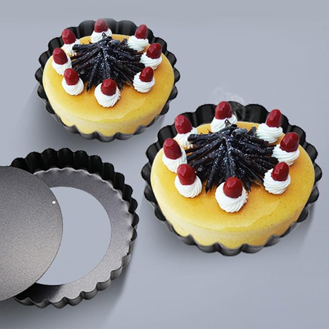 6PCS Removable Bottom Tart Pan Set, Carbon Steel, Non Stick Coating, 8cm Dia x 2cm H, for Quiche, Pie, Pizza Baking - Image 9