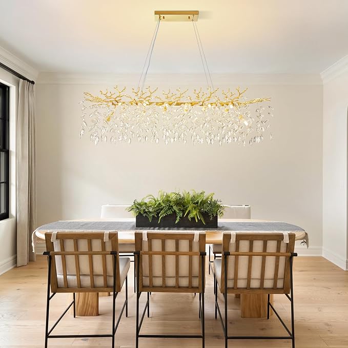Gold Rectangular Chandelier Modern Crystal Tree Branch Chandelier | 14 Lights Luxury Raindrop Chandeliers 47.3" Hanging Pendant Light Fixtures for Dining Room Kitchen Island Living Room - Image 7