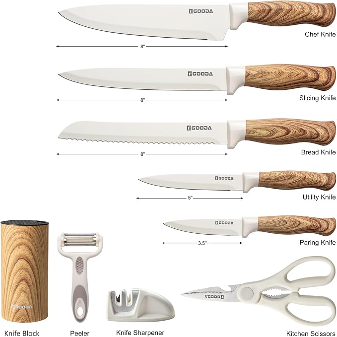 Knife Set,GOODA 9 Piece Kitchen Knife Set with Block and Sharpener, Anti-Rust Stainless Steel Cooking Knives Set for Kitchen, Chef Knife Block Set - Image 6