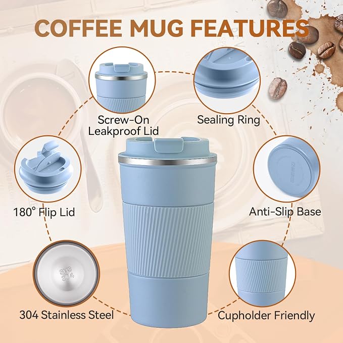 12OZ Travel Coffee Mug Insulated Coffee Cup with Spill Leak Proof Lid, Portable Stainless Steel Tumbler Reusable Hot and Cold Water Mug for Car, Daily, Camping- Light Blue - Image 5