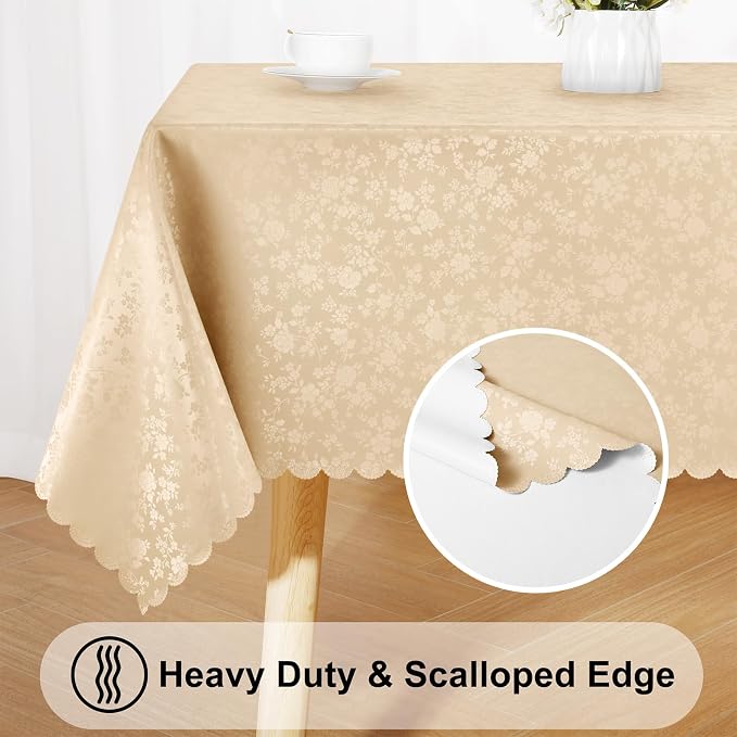 Smiry Rectangle Waterproof Heavy Duty Vinyl Tablecloths, 60 x 84 Inch | Wipeable Washable Floral Embossed Table Cover for Kitchen and Dining Room, Indoor & Outdoor Use, Champagne - Image 4