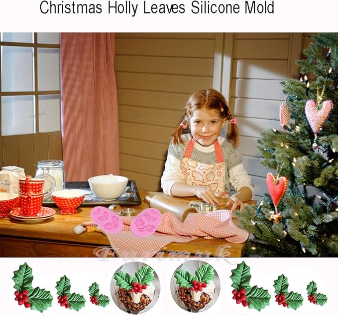 2 Pieces Christmas Holly Leaves Silicone Mold Leaf Shaped Fondant Mold Chocolate Dessert Molds for Baking Chocolate Candy Sugar Cake Decorations Polymer Clay Wax DIY Crafts