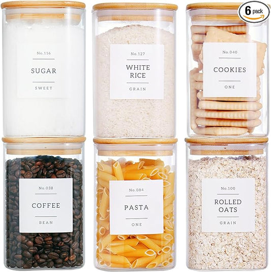 CZZGSM 6 Pack Square Kitchen Storage Jars with Airtight Bamboo Lids and 132 Pantry Labels - 35oz Glass Canisters With Wood Lids - Food Storage Containers for Coffee, Cookie, Tea, Spice by CZZGSM