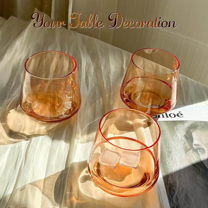 Stemless Wine Glasses Set 6 - Peach Color Stemless Wine Glasses - 14oz Tumbler - Peach Glassware for Wine or Soft Drinks - Unique Valentine's Day Gifts - Image 3