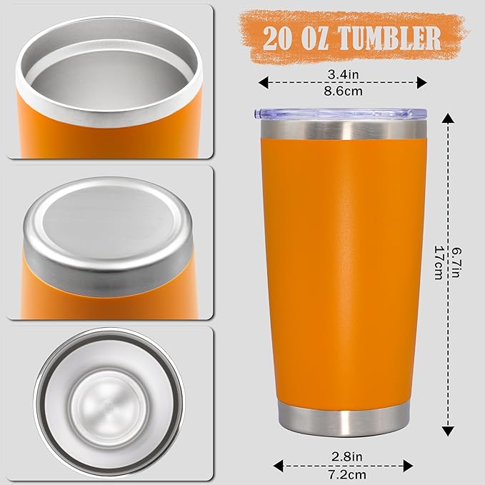 20oz Tumbler Insulated Coffee Tumblers with Lid Stainless Steel Orange 8P | 20 oz Tumblers Double Wall Insulated Vacuum 20oz Coffee Mug Leak Proof Tumblers with Lid Powder Coated - Orange 8 Pack - Image 4