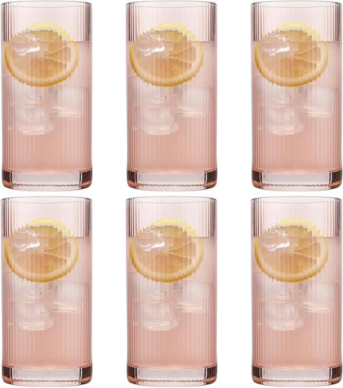 Physkoa Peach Ribbed Drinking Glasses Set of 6 – Vintage Embossed Highball Glassware, Thick Premium Tumbler Cups for Water, Cocktails, Iced Coffee, Modern Kitchen Bar Gift Set by Physkoa