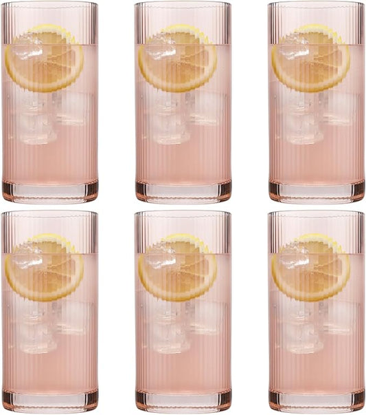 Physkoa Peach Ribbed Drinking Glasses Set of 6 – Vintage Embossed Highball Glassware, Thick Premium Tumbler Cups for Water, Cocktails, Iced Coffee, Modern Kitchen Bar Gift Set by Physkoa