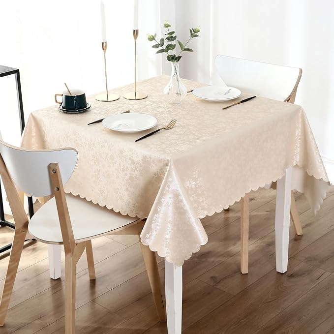Smiry Square Waterproof Heavy Duty Vinyl Tablecloths, 70 x 70 Inch | Wipeable Washable Floral Embossed Table Cover for Kitchen and Dining Room, Indoor & Outdoor Use, Beige - Image 2