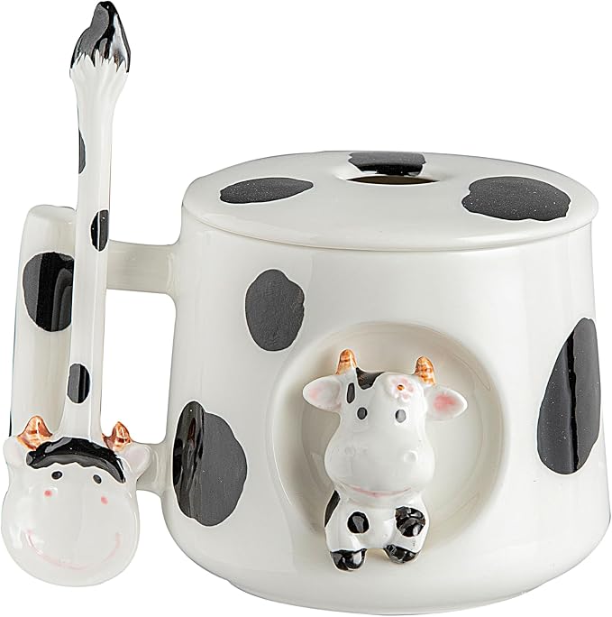 DIHOclub Adorable 3D Ceramic Cow Mug with Lid and Spoon - Perfect for Coffee, Tea, Milk, and More - Ideal Gift for Animal Lovers Gift for Mather- 14 Ounces(BLack white) by DIHOclub