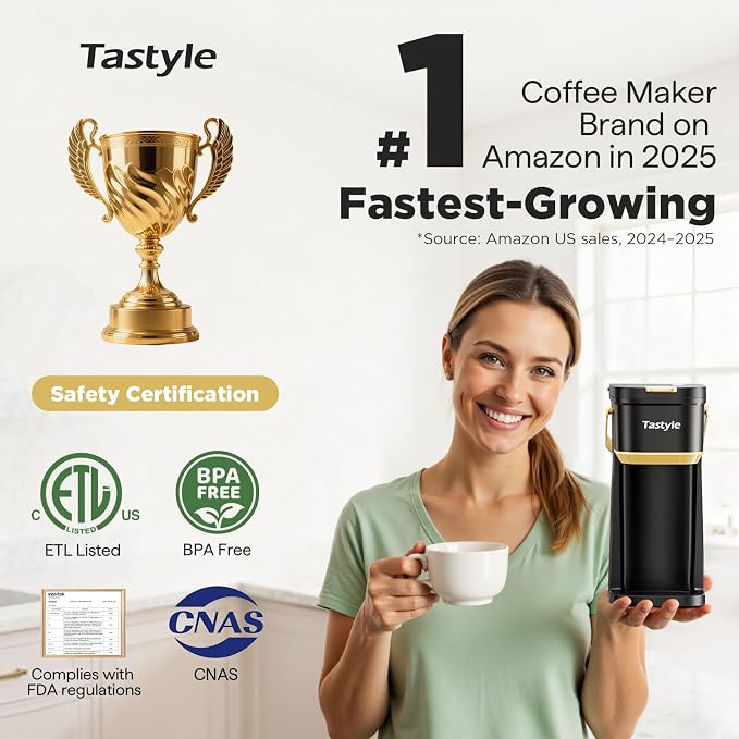 Tastyle Mini Single Serve Coffee Maker for K Cups and Grounds with Handle | for Travel, Camping, Office, RV and Dorm, Portable Handle, 120V, 6 to 12 Oz Brew Size, BPA Free, K302, Black and Gold - Image 3