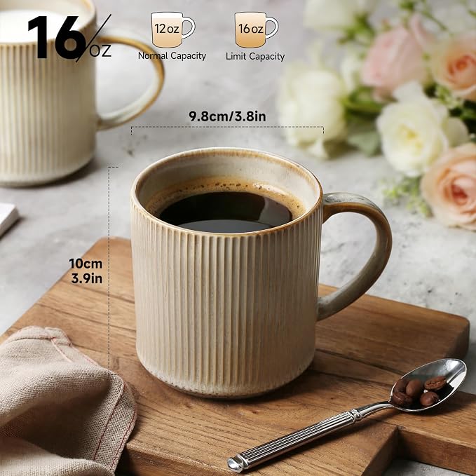 MONITO 16Oz Coffee Mugs Set of 4, Rustic Ceramic Coffee Cups Set with Large Handle, Vintage Striped Stoneware Coffee Mugs for Latte, Cocoa, Tea, Milk, Microwave & Dishwasher Safe, Bonbon Beige - Image 2