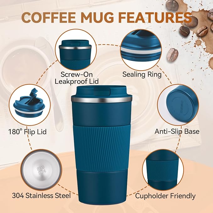 12OZ Travel Coffee Mug Insulated Coffee Cup with Spill Leak Proof Lid, Portable Stainless Steel Tumbler Reusable Hot and Cold Water Mug for Car, Daily, Camping- Blue - Image 5