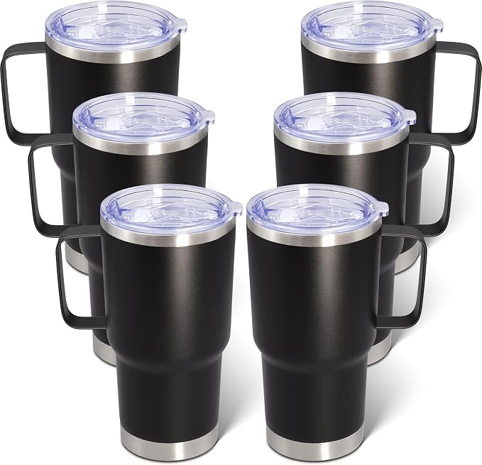 20 oz Tumbler with Handle and Lid Insulated Travel Coffee Mug Black 6P | Stainless Steel Tumbler, coffee tumbler with handle,Spill Proof Double Wall Vacuum Tumbler Cup Keep Drink Hot & Cold by ATQTQ