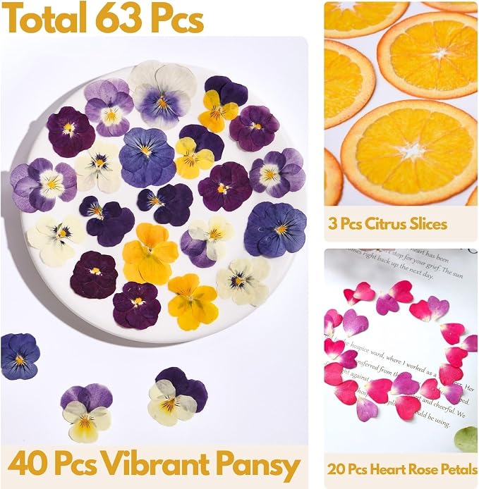 63 Pcs Edible Flowers Cake Decorations – Dried Edible Flowers for Cocktails, Drinks, Cupcake Topper & Cake Decorating, Food Grade Pressed Flowers Mix with Pansy, Heart Rose Petals & Orange - Image 2