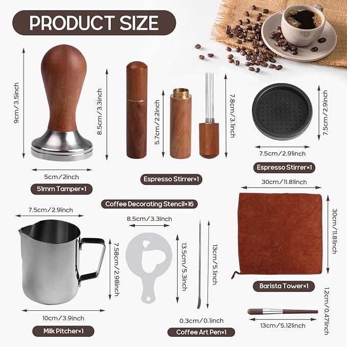 23 PCS Espresso Tamper Set,Coffee Accessories Kit Barista Kit,with 51mm Espresso Tamper,WDT Tool,Frothing Pitcher,Tamper Mat,Barista Towel,Coffee Brush,Latte Art Pen and Decorative Stencils