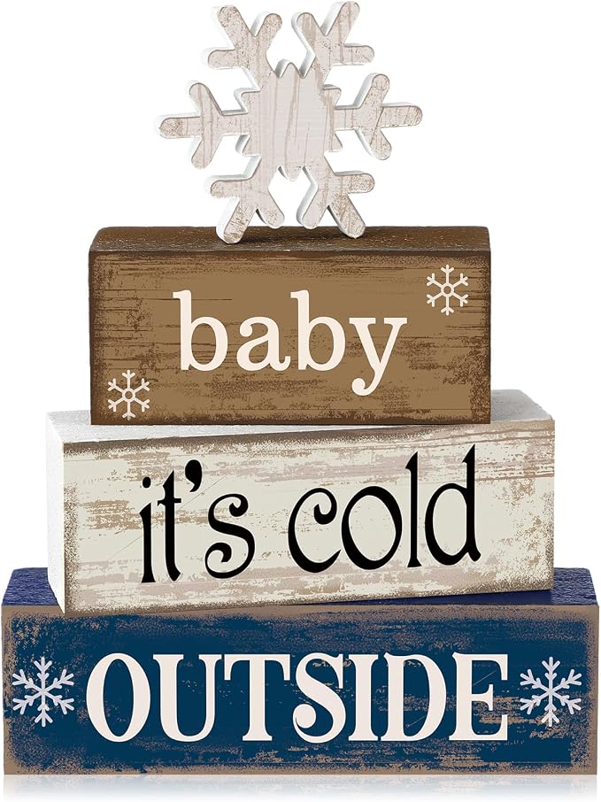 Moucuny 4 Pcs Christmas Table Decoration Winter Wooden Stacked Block, Baby It's Cold Outside Signs with Snowflake Topper, Rustic Christmas Tiered Tray Decor Snowflake Decor for Home Office Shelf by Moucuny