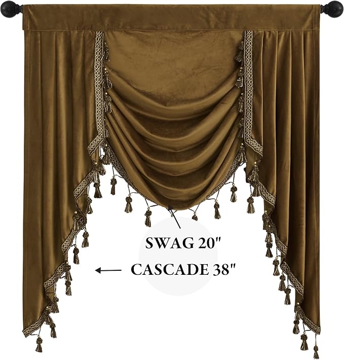 Fall Decor Valance Curtains Gold Brown W39 inches, 1 Panel | Luxury Waterfall Half Window Curtain Tiers, Soft Thick Velvet Fabric, Window Curtain Valance for Kitchen, Bathroom - Image 2