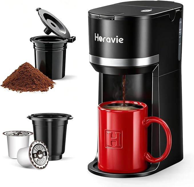 Horavie Small Single Serve Coffee Maker for K Cup and Grounds, Fast Brew One Cup Coffee Machine with One Button, 6 to 12 oz. Brew Sizes, Perfect for Home and Travel, Black by Horavie