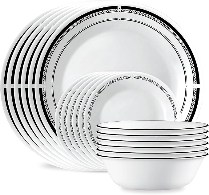Corelle 18-Piece Round Dinnerware Set Service for 6, Lightweight Round Plates and Bowls Set, Vitrelle Triple Layer Glass, Chip and Scratch Resistant, Microwave and Dishwasher Safe, Brasserie by Corelle