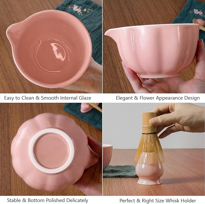 Pink Matcha Whisk Set, 7 Pcs Matcha Kit Includes Matcha Bowl with Spout, Bamboo Whisk, Chasen Holder, Sifter, Scoop and Rest, Tea Towel, Matcha Making Kit Tools for Family/Friend