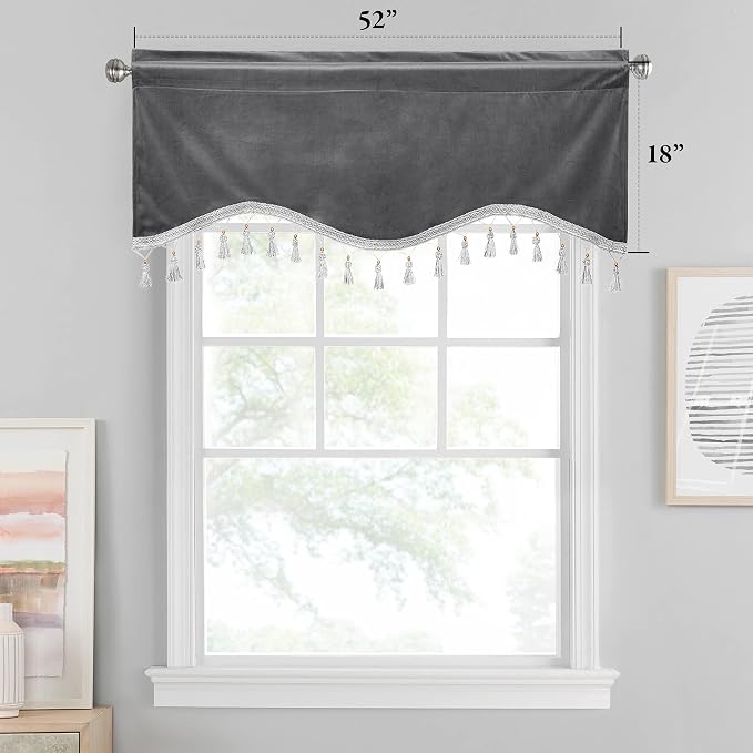Grey Tassel Velvet Valances Curtains 52x18 Inch 2 Panels | Luxury Thick Tassel Tier Curtains for Windows, Privacy Elegant Home Decor for Kitchen, Bathroom, Rod Pocket - Image 2