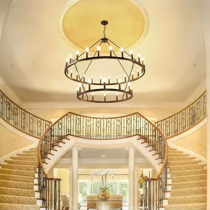 47 Inch Black Wagon Wheel Chandelier, 2 Tier 36-Lights Farmhouse Chandelier for Living Room, Round Rustic Dining Room Light Fixture, Extra Large Foyer Chandeliers for High Ceilings, for Entryway - Image 7